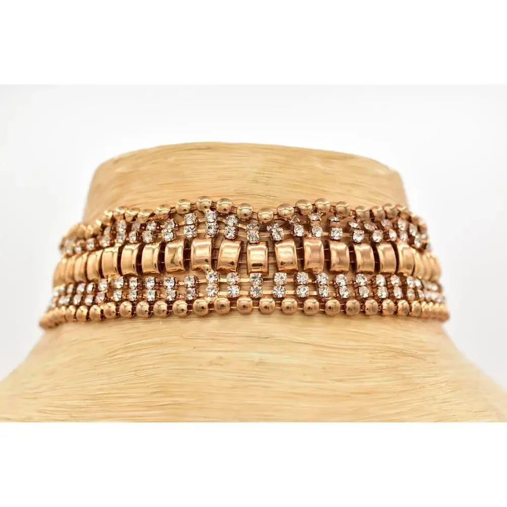 Vintage Crystal Choker Necklace Gold Tone Prong Rhinestone Chunky 1990s BinA17